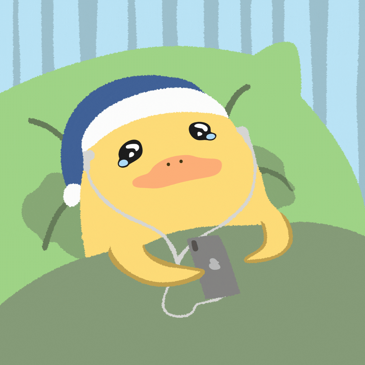 Patinho na cama ouvindo música