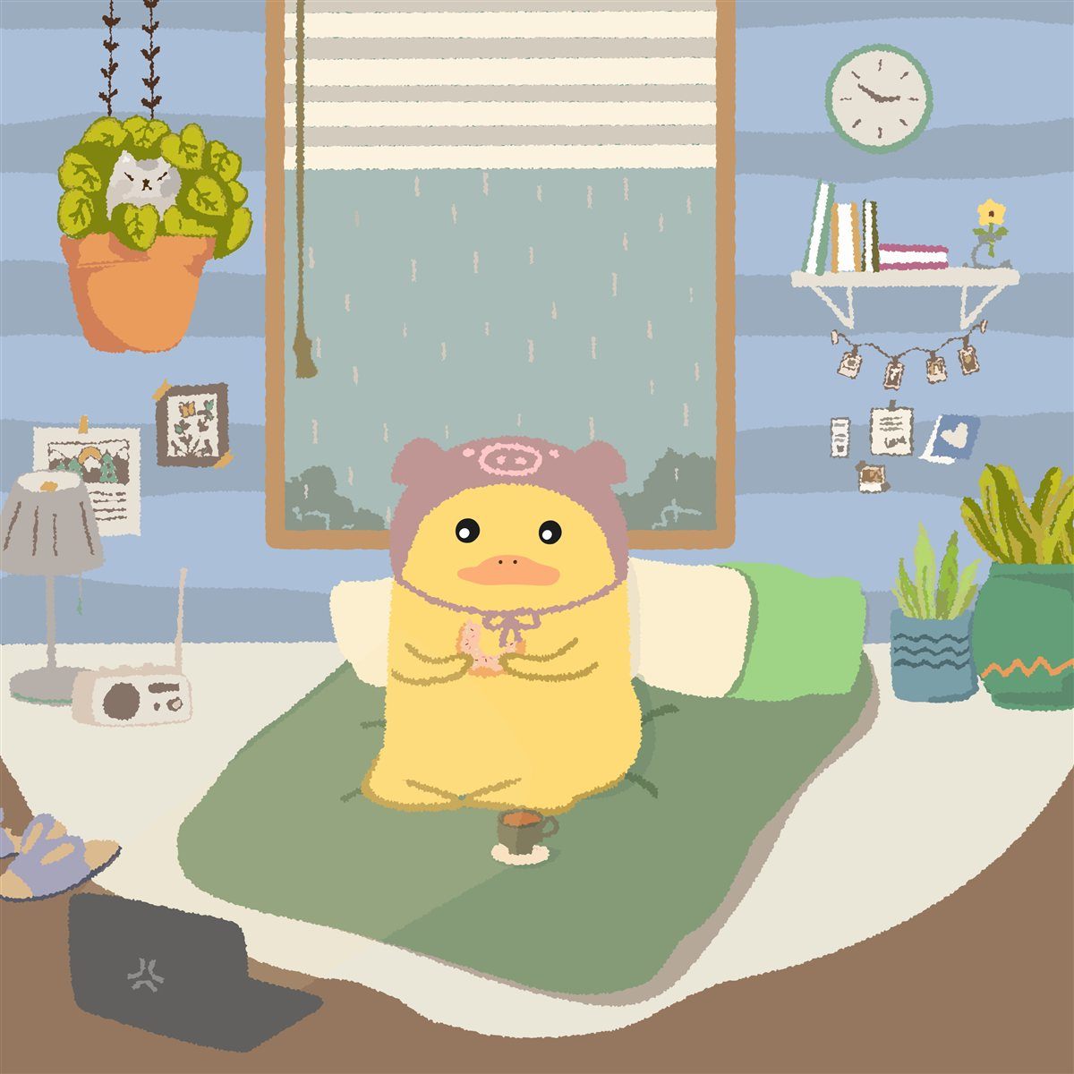 Patinho no quarto num dia de chuva